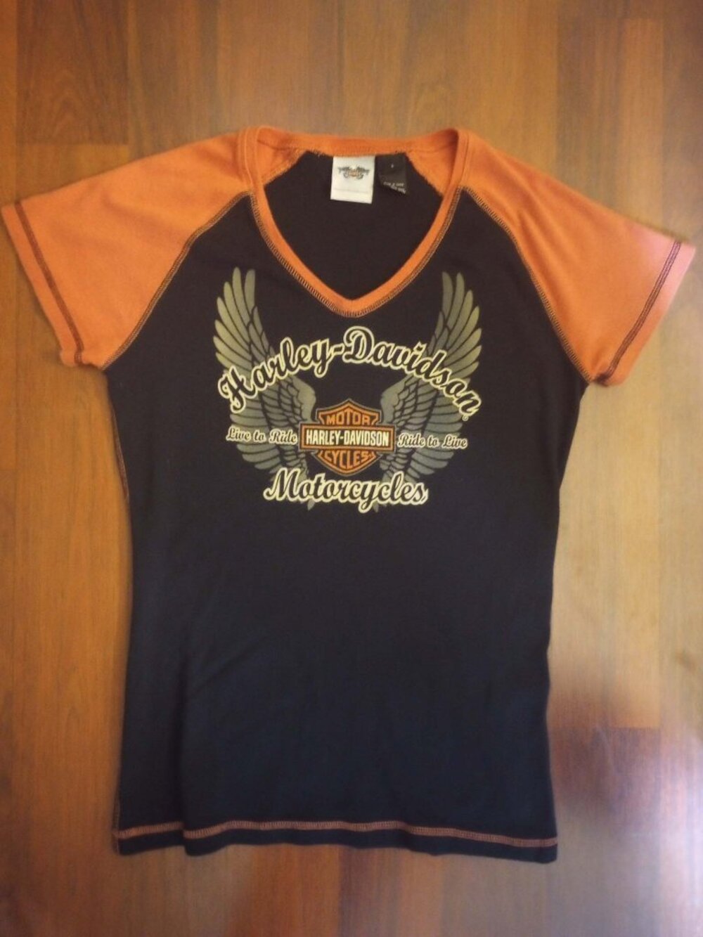 Harley Davidson Girl Fit Stretchy Black T-shirt Coral Sleeves Biker Babe Top L